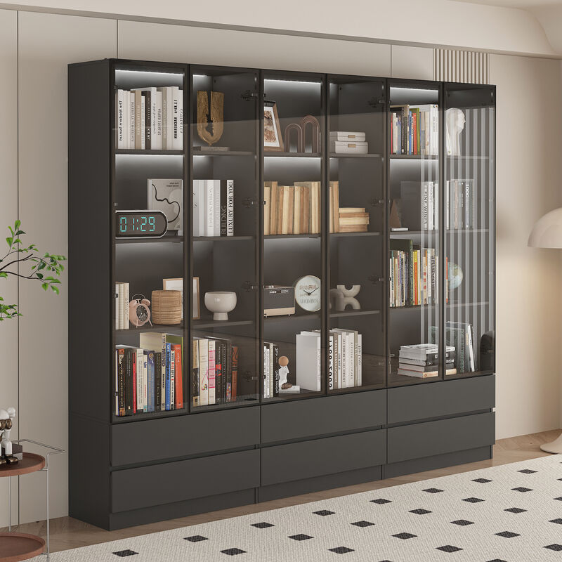 FUFU&GAGA Black MDF 4 -Shelf Oversized set Bookcase with Doors, (94.5" L x 14.2" W x 78.7" H),Black