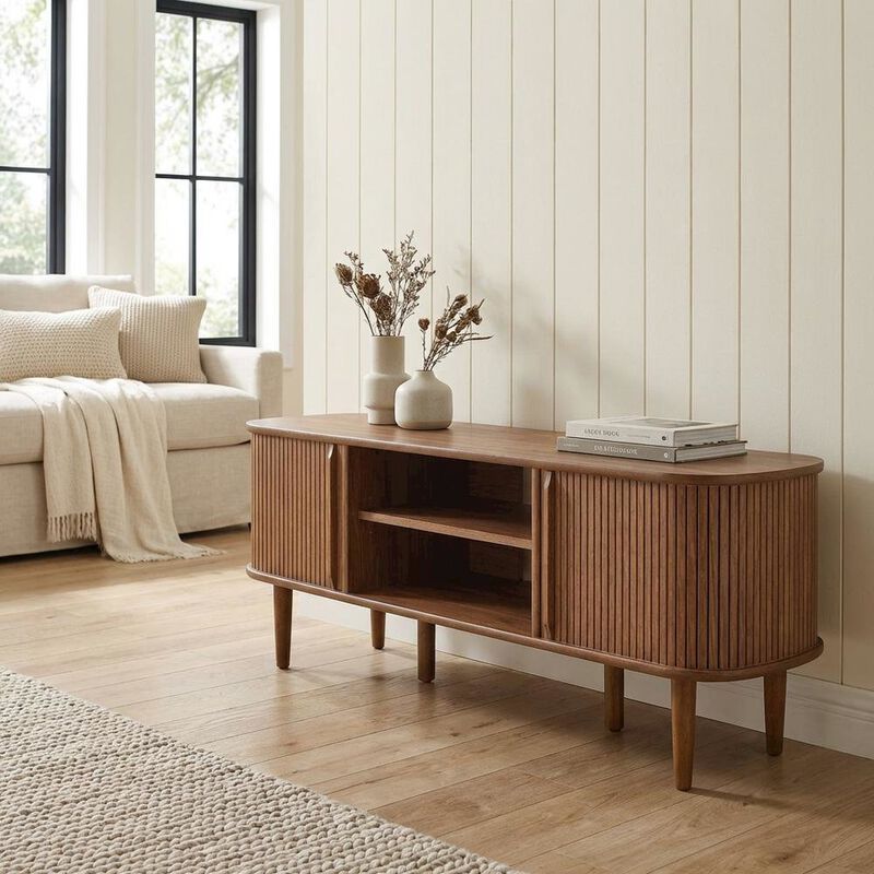 Gray wood TV stand with sleek design and sturdy construction image number 4