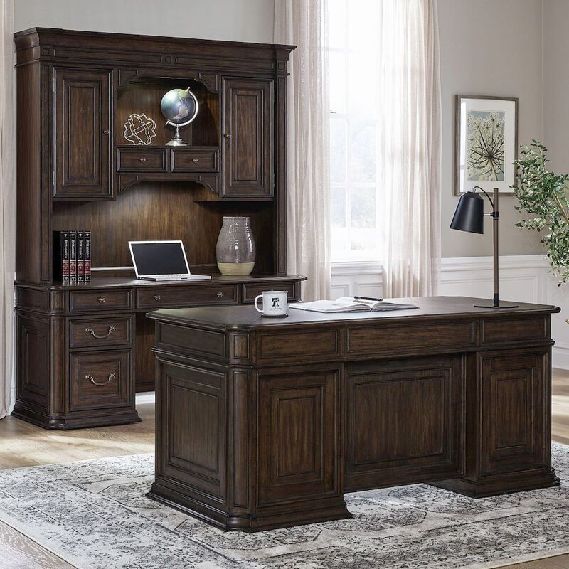 Liberty Furniture 5 Pc Executive Set - Desk, Credenza Desk & Hutch with LED Touch Light, Brown image number 2