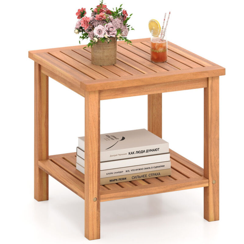 Acacia Wood Patio Side Table Featuring Slatted Tabletop and Storage Shelf image number 4