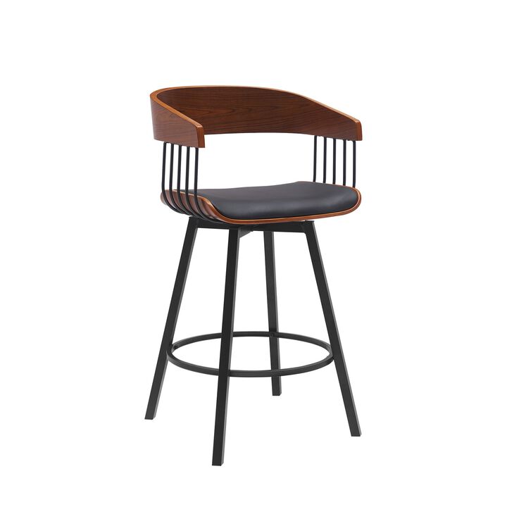 Vera 27 Inch Swivel Counter Stool Chair, Brown Open Back Black Faux Leather
