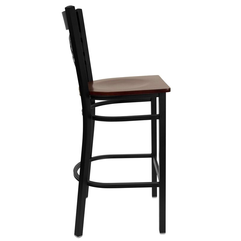 Flash Furniture HERCULES Series Black ''X'' Back Metal Restaurant Barstool - Mahogany Wood Seat