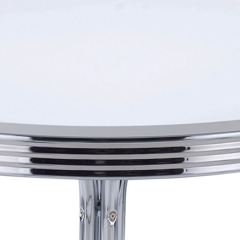 Loy 42 Inch Round Dining Table, Glossy White Wood Top, Ribbed Chrome Apron