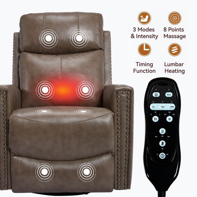 Gnuine Leather Heat Massage Manual Recliner Chair with Rocker and Swivel image number 3