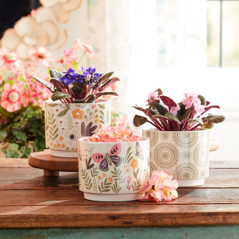 Set of 3 Stone Planters with Floral Pattern for Garden or Home Decor