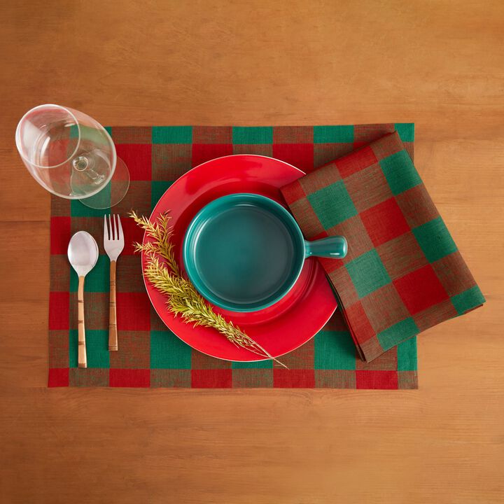 Solino Home 100% Pure Linen Placemats 14 x 19 Inch Set of 4 - Buffalo Check