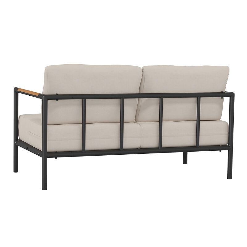 Flash Furniture Lea Indoor/Outdoor Patio Loveseat with Cushions-Modern Aluminum Framed Loveseat with Teak Accent Arms, Black with Beige Cushions