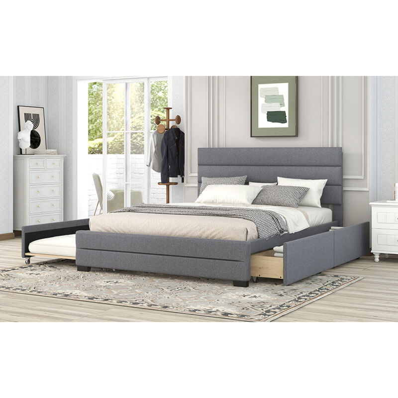 Queen Upholstered Platform Bed with Trundle and Two Drawers, Grey