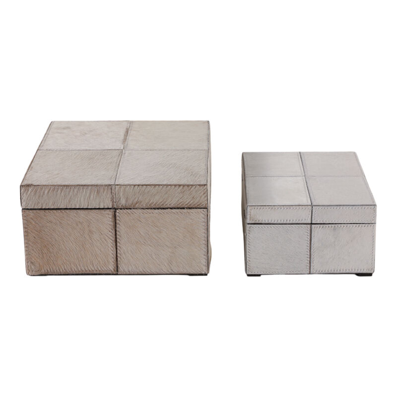 S/2 9/12" Hair On Hide Patchwork Boxes, Ivory/tan image number 2