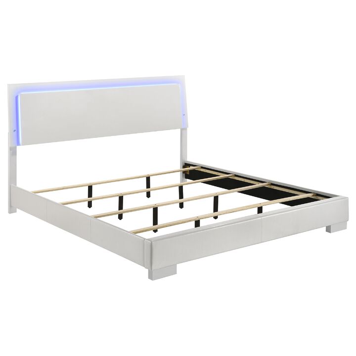 Sok 5pc King Bedroom Set, Blue LED Lights, Faux Leather, White Wood