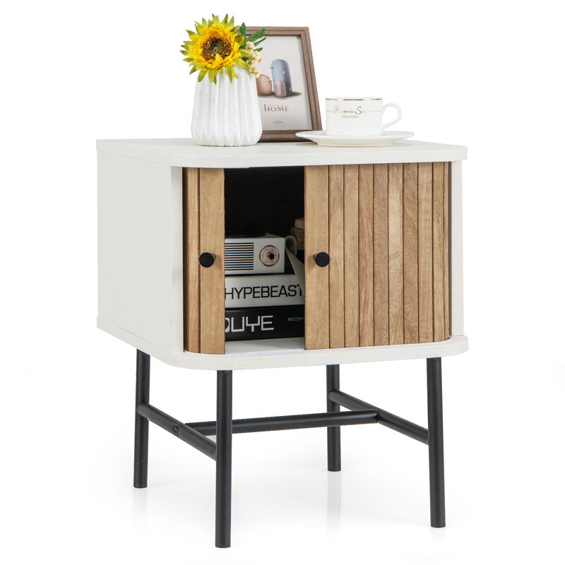 Mid-century Modern Nightstand with Sliding Doors and Storage Cabinet