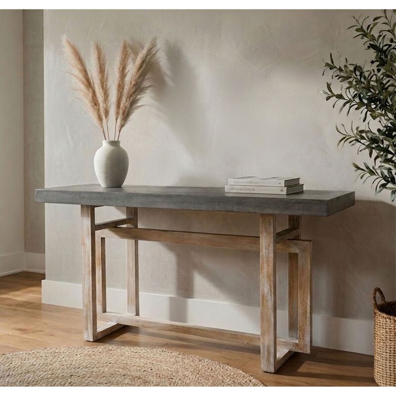 59 Inch Artisan Sideboard Console Table with Geometric Interlocked Base, Distressed Matte Gray image number 7