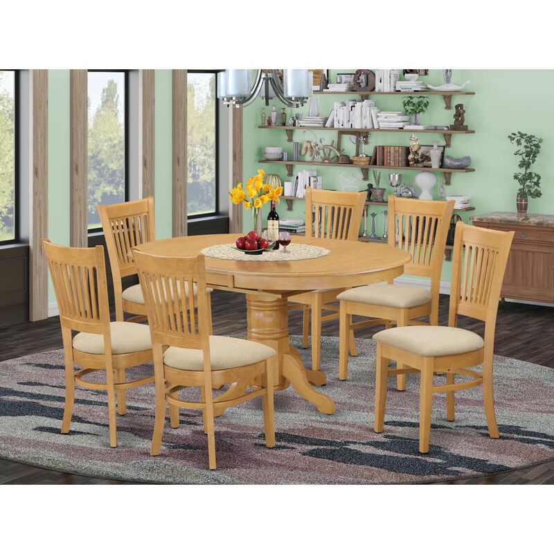 East West Furniture AVVA7-OAK-C 7 Pc Dining set-Dining Table with Leaf and 6 Dinette Chairs. image number 1