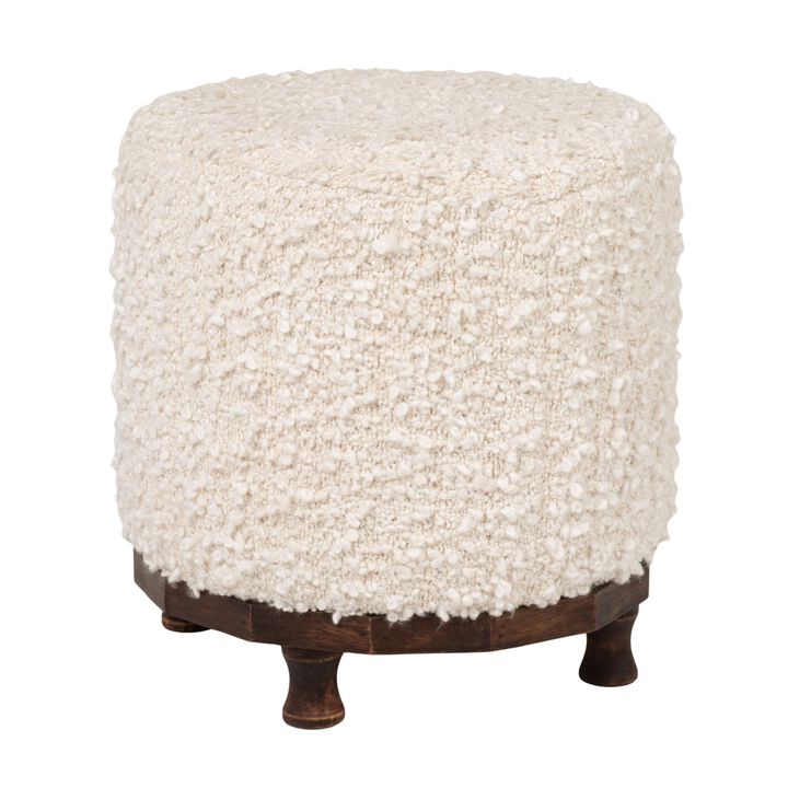 Boucle Upholstered Cotton Woven Stool with Dark Wood Tapered Legs, Ivory