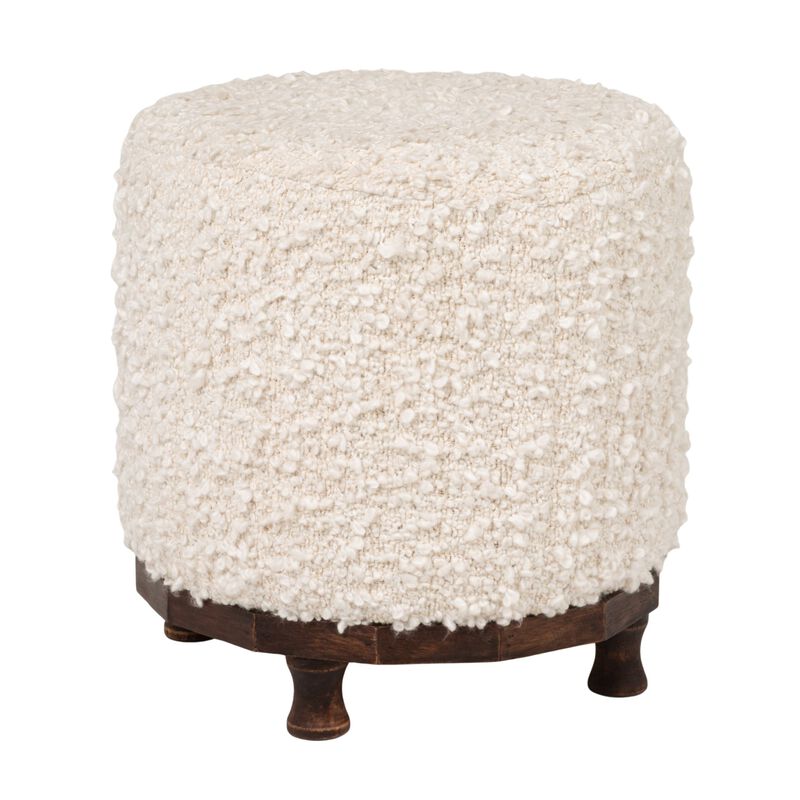 Boucle Upholstered Cotton Woven Stool with Dark Wood Tapered Legs, Ivory image number 0