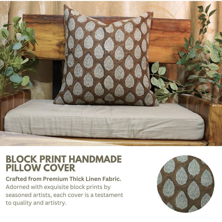 Fabdivine Brown Heavy Linen 14x14 Inch Handmade Cushion Cover Block Print Home D&eacute;cor