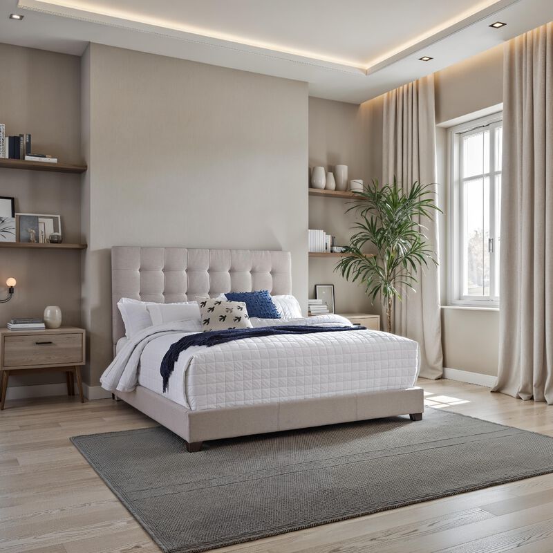 Fiji King Size Platform Bed | Deep Button Tufted Beige Upholstery | Low Profile - Benzara