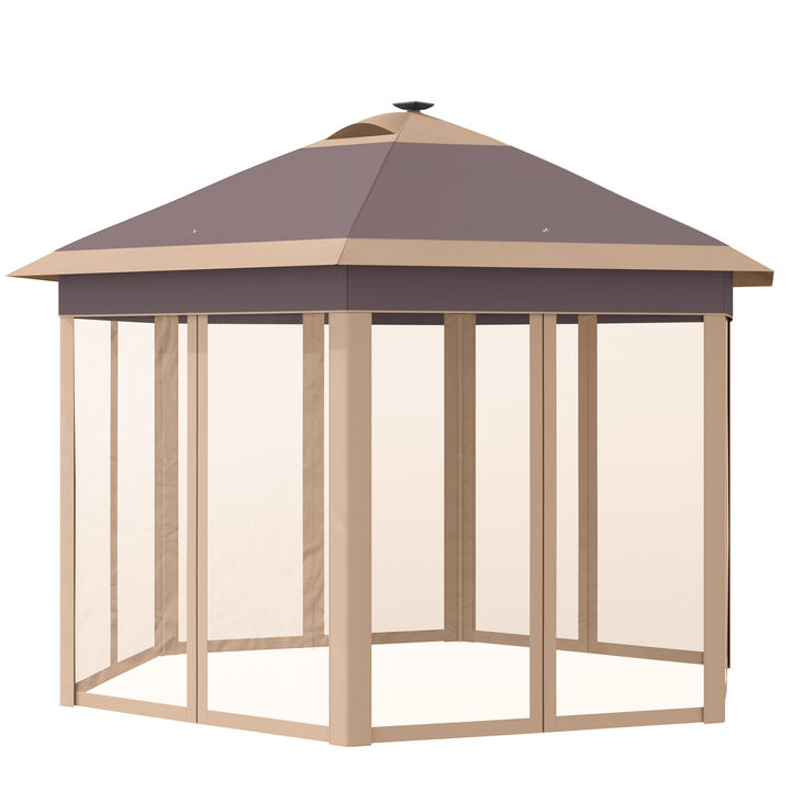 Outsunny 11' x 13' Pop up Gazebo with Netting & Solar LED Lights, Instant Portable Gazebo Shelter, Hexagonal Outdoor Canopy Tent Screen House Room with Carry Bag, Beige