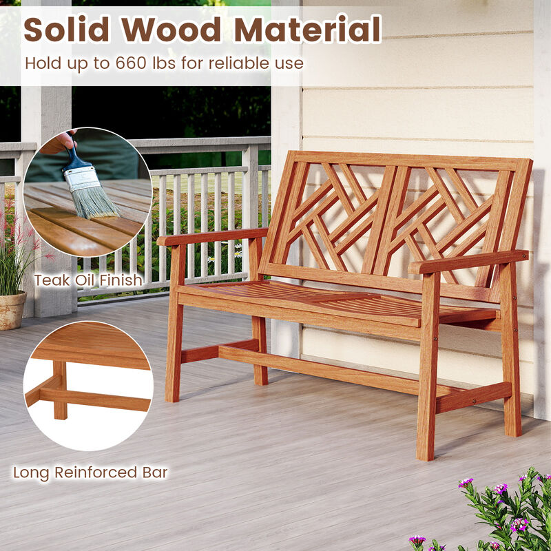 2-Person Outdoor Wood Bench with Geometric Backrest for Patio image number 5