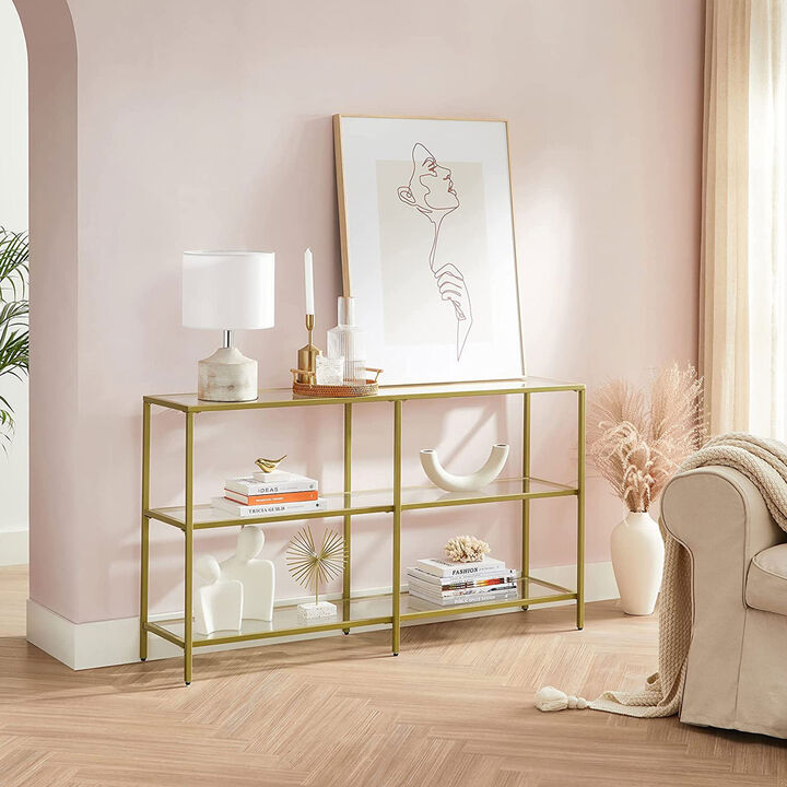 Contemporary Console Table with 3 Shelves - Metal Frame, Tempered Glass, Ideal for Bedroom