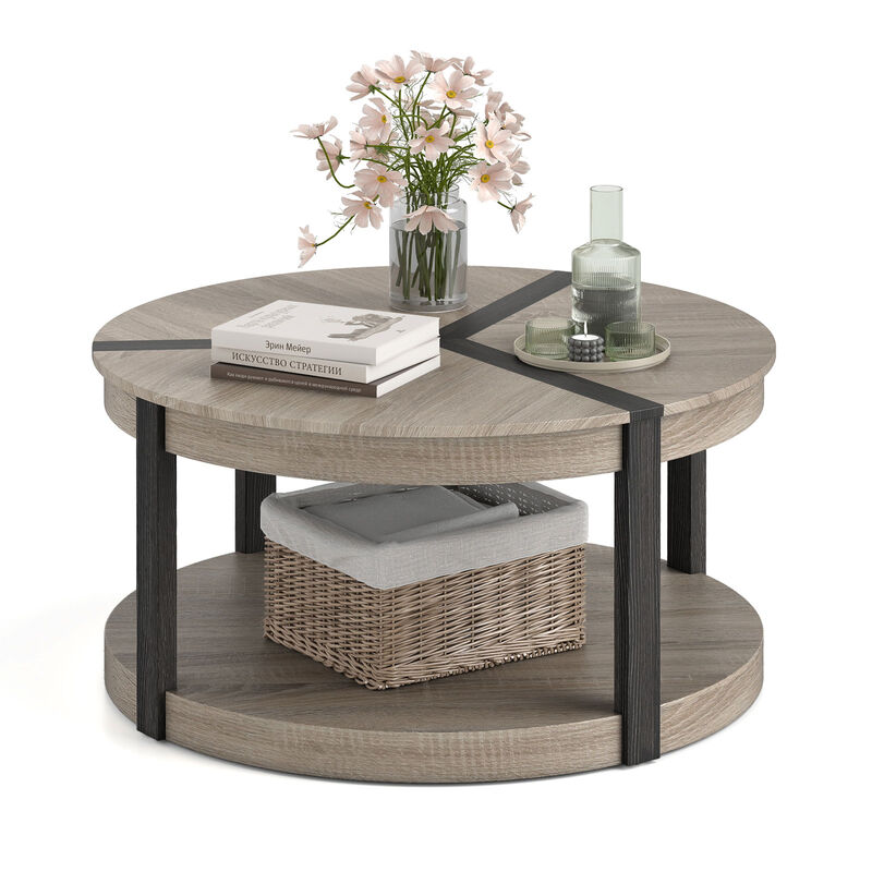 2-Tier Round Coffee Table in Rubber Wood with Large Tabletop and Storage Shelf