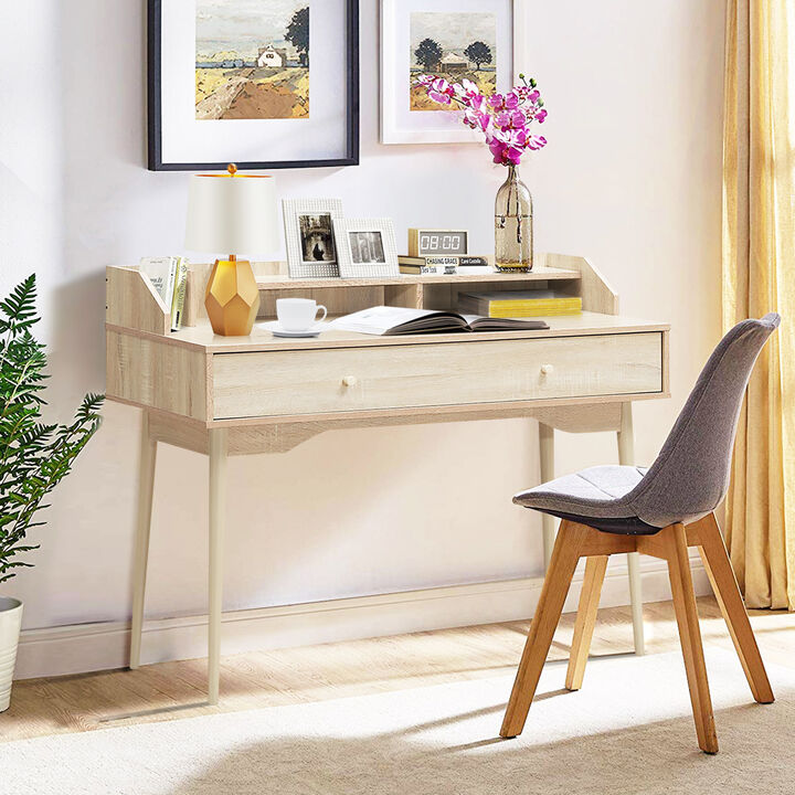 Costway Computer Desk Home Office Writing Desk Study Workstation w/Hutch &Drawer Natural