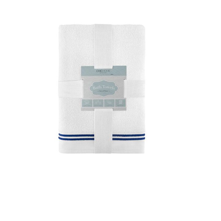 Chic Home Luxurious 3-Piece Super Soft Pure Turkish Cotton White Bath Towels Set 30" x 60" Navy Striped Hem