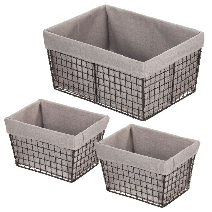 mDesign Metal Household Storage Basket with Fabric Liner, Set of 3, Black/Gray