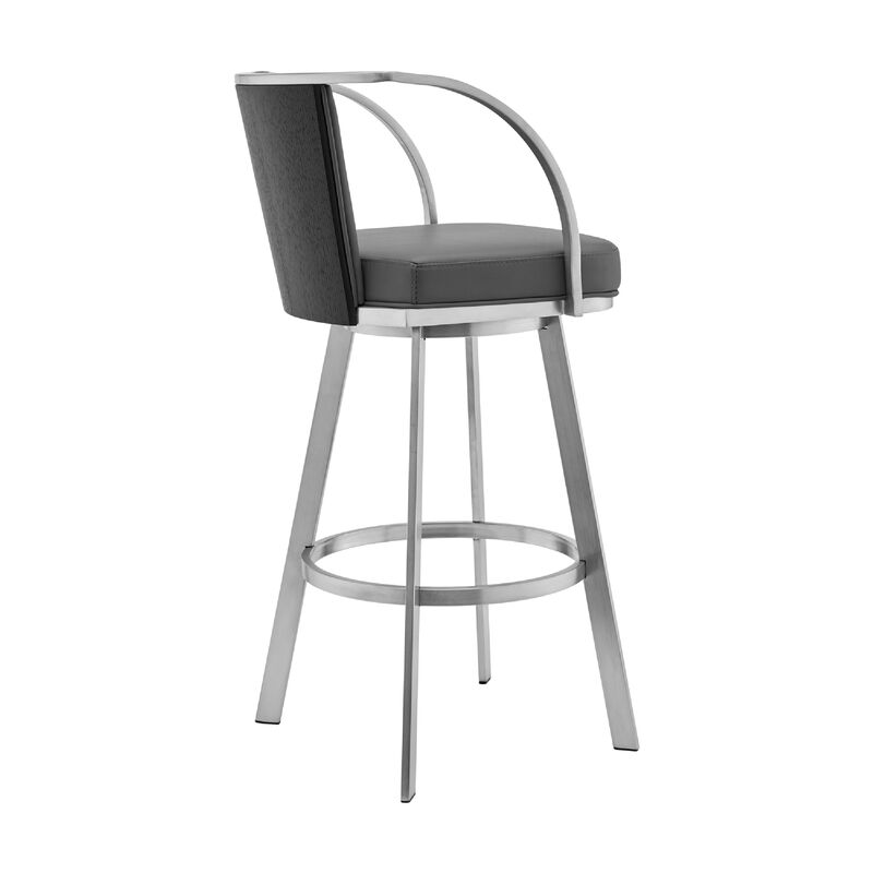 Swivel Barstool with Open Curved Metal Frame Arms, Gray and Silver-Benzara