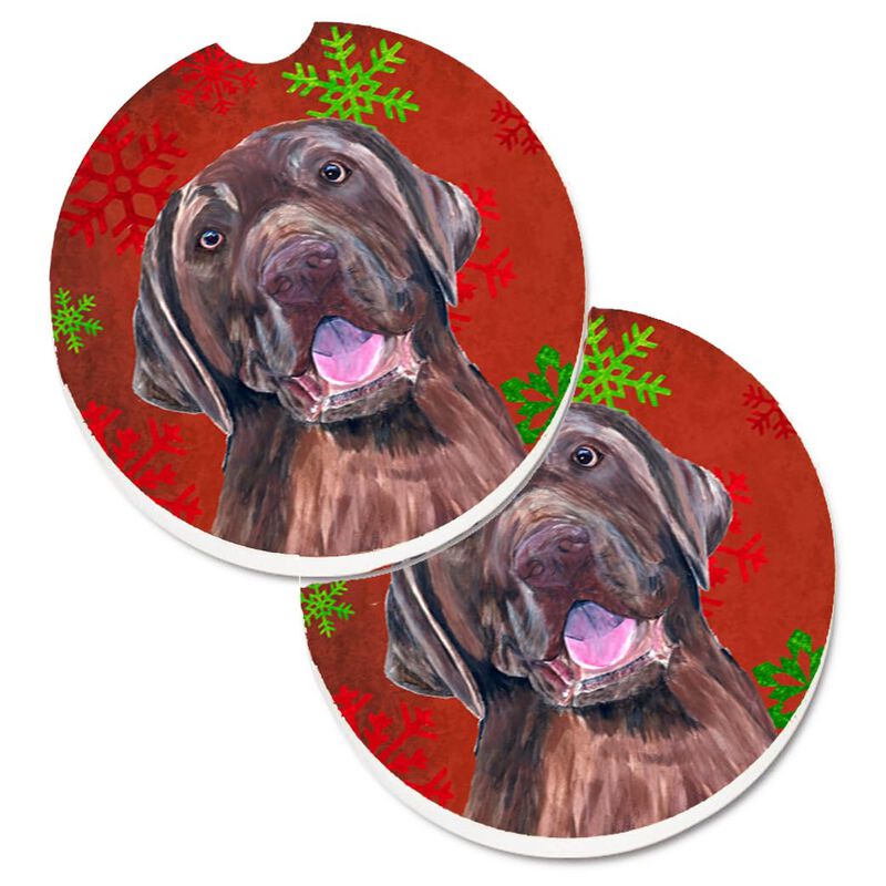 Caroline's Treasures Labrador Red & green Snowflakes Holiday Christmas Set of 2 Cup Holder Car Coasters SC9424CARC, 2.56, Multicolor image number 0