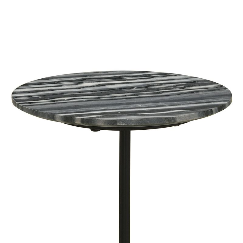Side End Drink Table, Round Gray White Marble Top, Pedestal Base 14x14x24 - Benzara