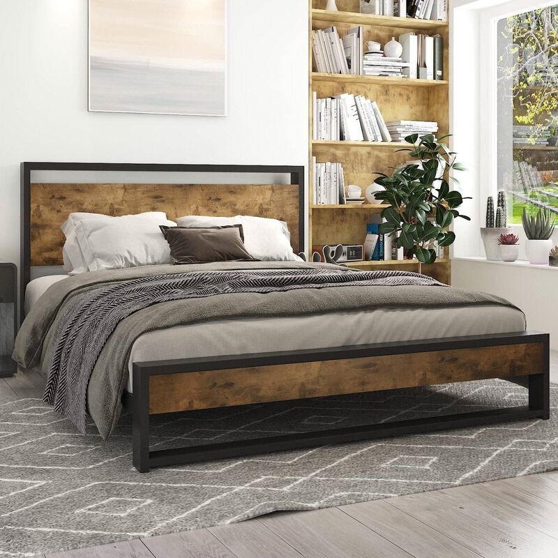 Wood Panel Headboard and Footboard Platform Bed – Farmhouse Metal Frame with Modern Style