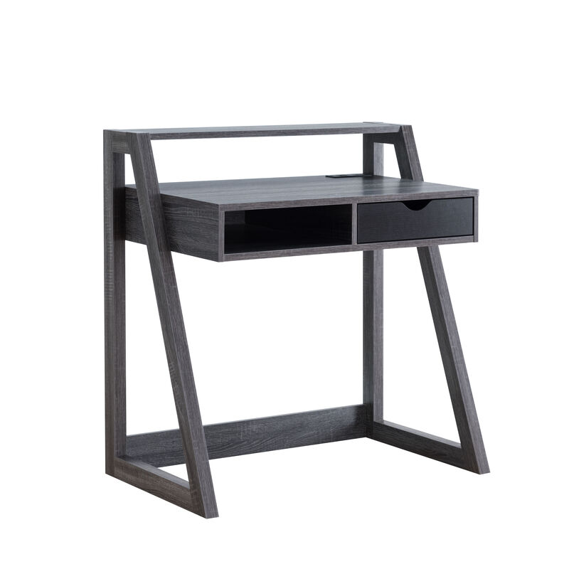 Distressed Grey & Black Home Office Desk with Lifted Shelf and USB/Power Outlet