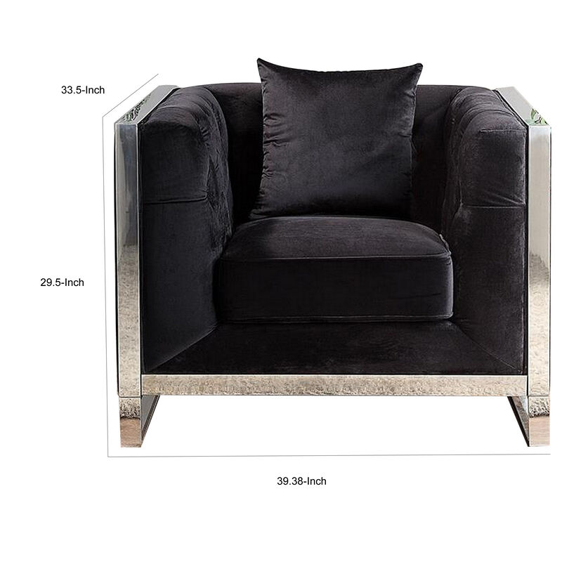 Vade 39 Inch Accent Chair, Stainless Steel Frame, Tufted Black Flannelette