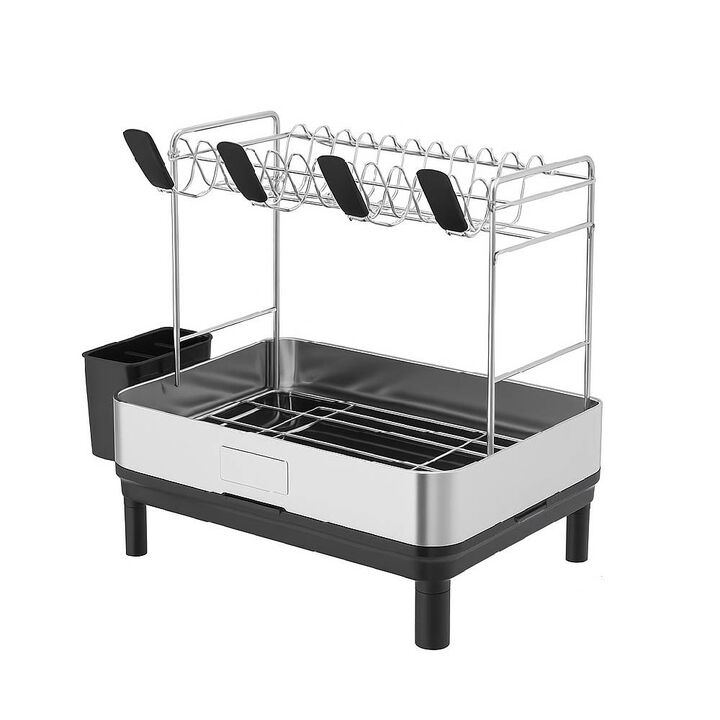 2-Tier Stainless Steel Dish Drying Rack for Kitchen Counter, Large Dish Rack with Utensil Holder and Rotating Drain Spout