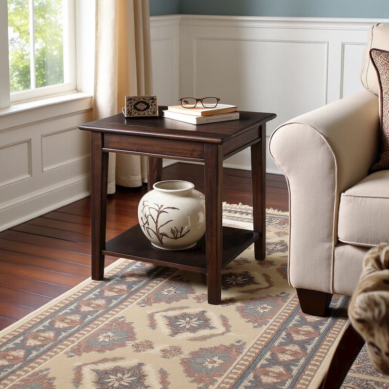 Brown Wooden End Table for Living Room, Small Square Table with Shelf