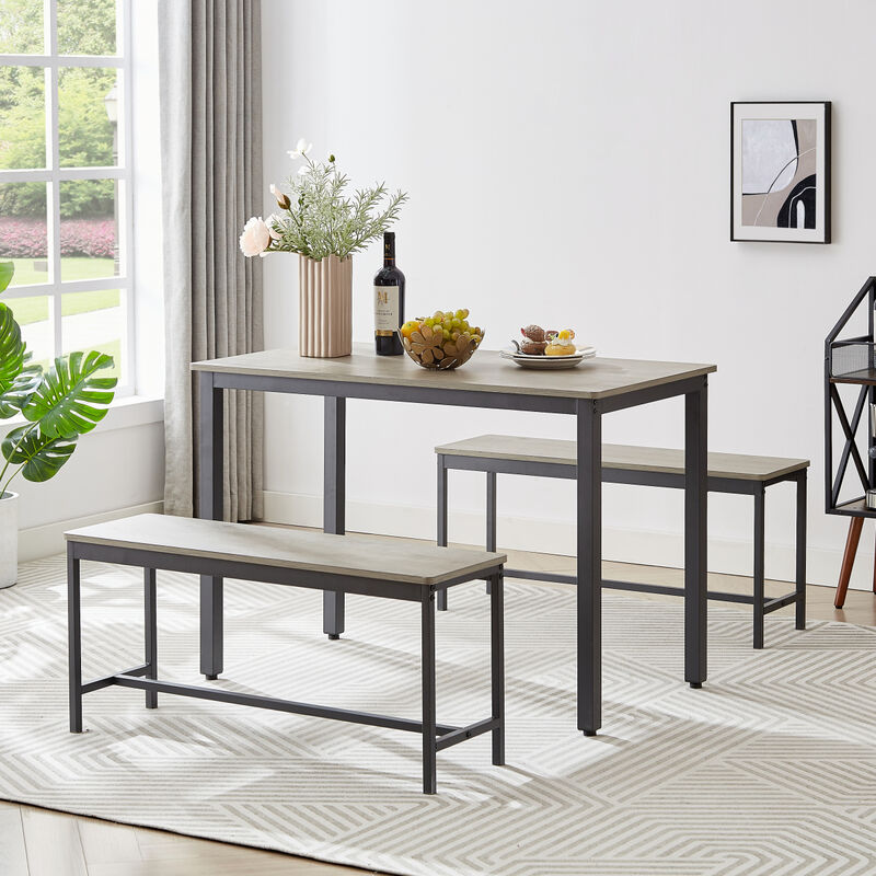 Dining Table Set, Bar Table with 2 Dining Benches, Kitchen Table Counter with Chairs, Industrial for Kitchen Breakfast Table, Living Room, Party Room, Grey and Black,43.3" x 23.6" x 29.9"