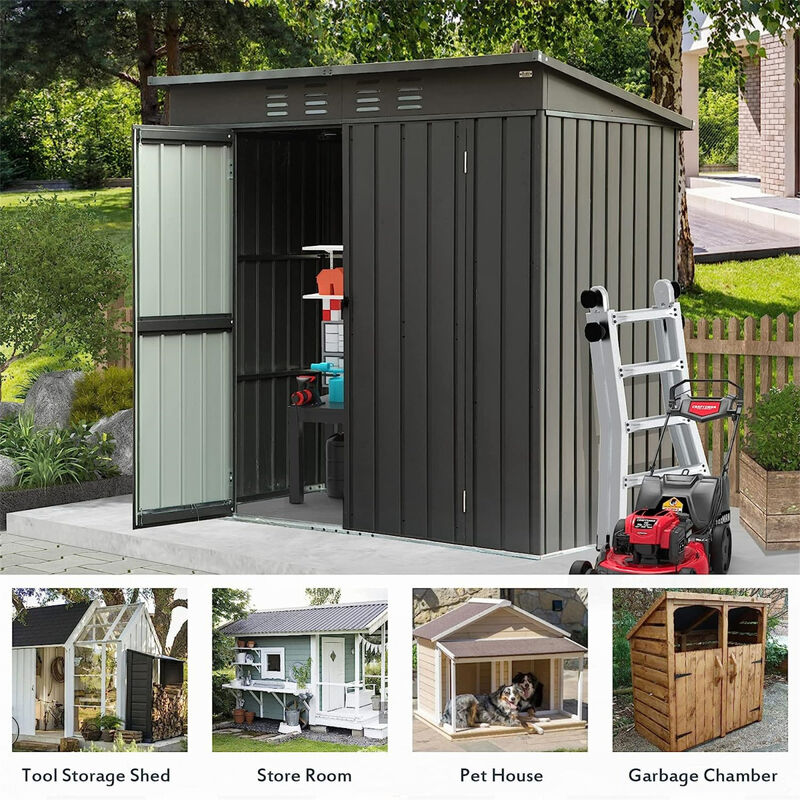Backyard Storage Shed with Sloping Roof Galvanized Steel Frame Outdoor Garden Shed Metal Utility Tool Storage Room with Latches and Lockable Door (6.27x4.51 ft, Black)