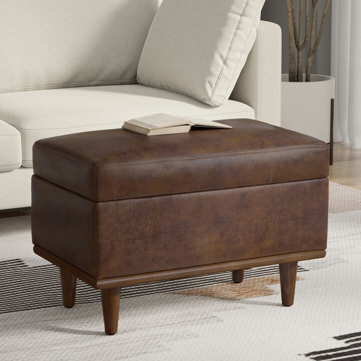 Shiloh 26 inch Wide Transitional Contemporary Small Storage Ottoman in Distressed Chestnut Brown Vegan Faux Leather, Assembled
