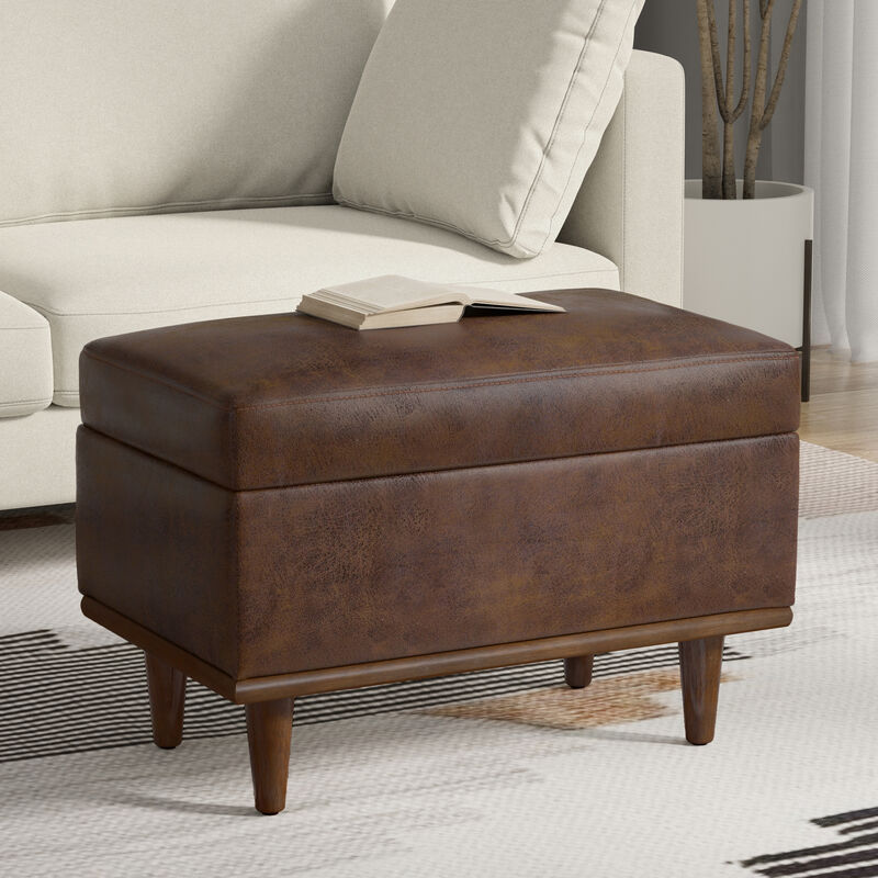 Shiloh 26 inch Wide Transitional Contemporary Small Storage Ottoman in Distressed Chestnut Brown Vegan Faux Leather, Assembled image number 1