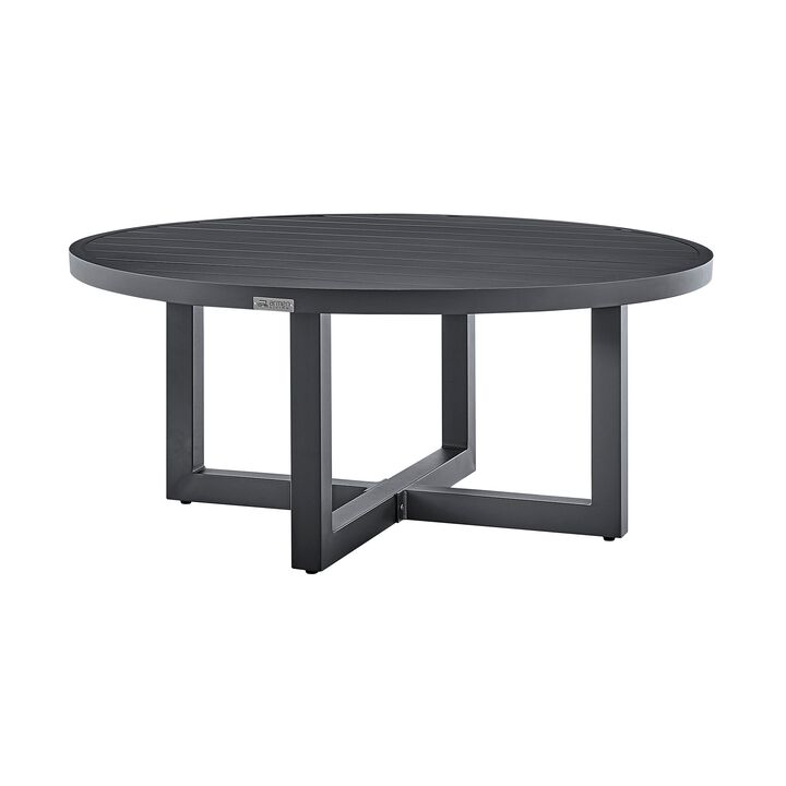 Jax 42 Inch Round Patio Coffee Table, Aluminum Frame, Slatted Top, Gray-Benzara