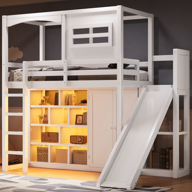 Merax Twin Size White Wooden House Loft Bed with Wardrobe, Storage Shelf image number 1