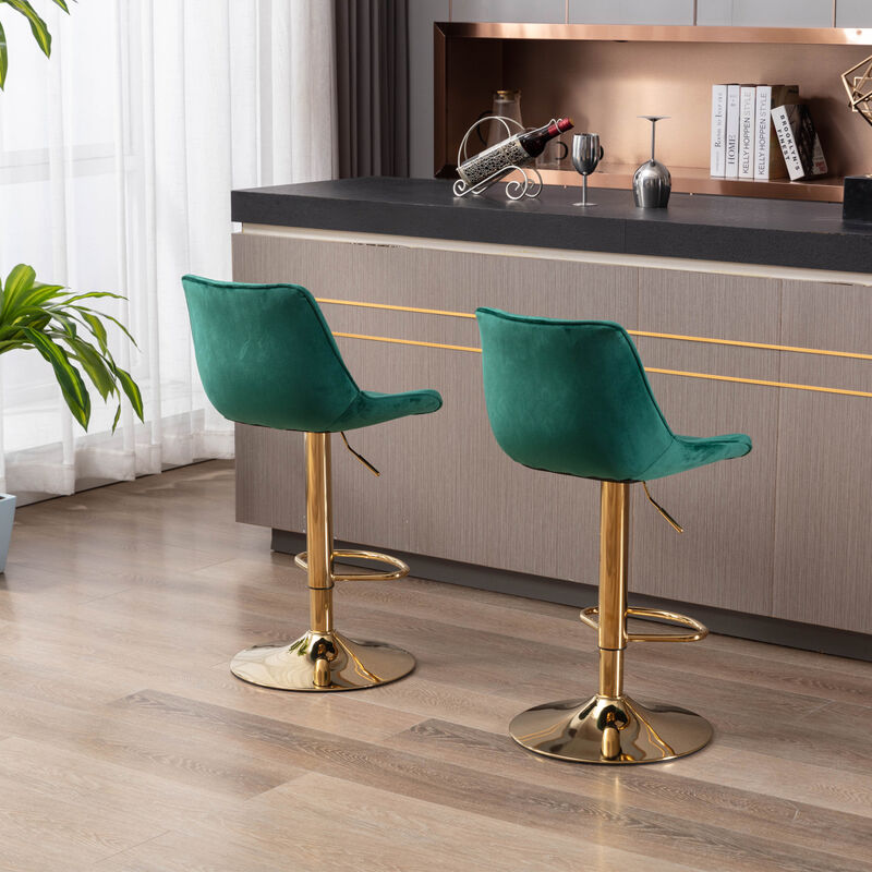 Set of 2 Bar Stools, with Chrome Footrest and Base Swivel Height Adjustable Mechanical Lifting Velvet + Golden Leg Simple Bar Stool-green
