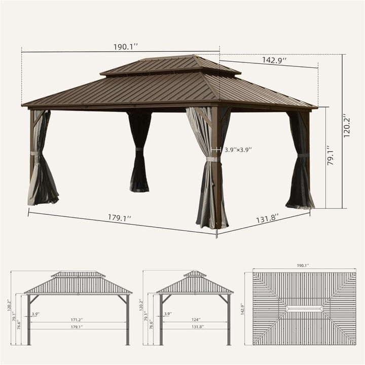 12' X 16' Hardtop Gazebo, Aluminum Metal Gazebo with Galvanized Steel Double Roof Canopy, Curtain and Netting, Permanent Gazebo Pavilion for Party, Wedding, Outdoor Dining, Brown