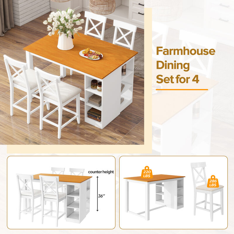 Merax Solid Wood Farmhouse Counter Height Dining Table Set with 3-Tier Storage Shelves