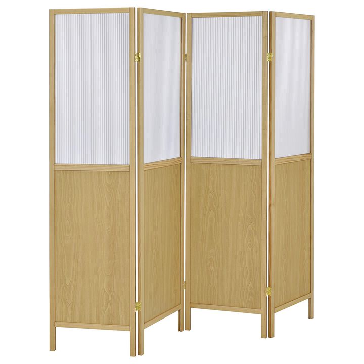 Matt 4 Panel Screen Room Divider, Folding Natural Brown, 70 Inch - Benzara