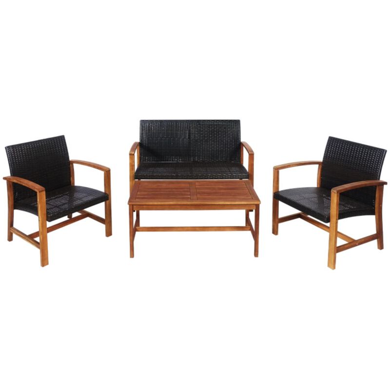 Hivvago 4 Pieces PE Rattan Patio Furniture Set with Solid Acacia Wood