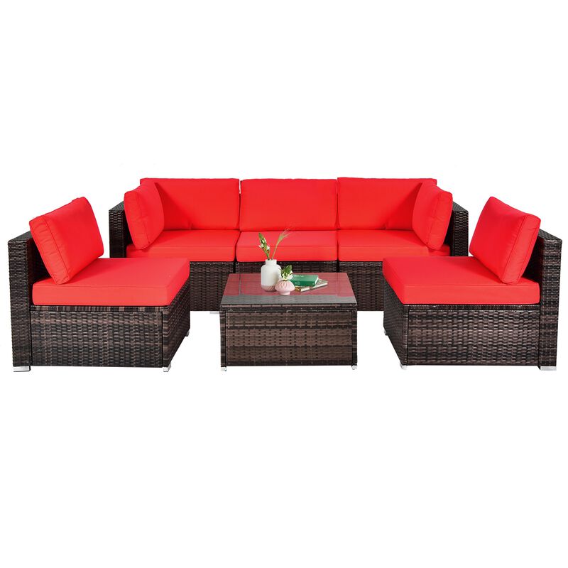 6 Pieces Patio Rattan Furniture Set with Cushions and Glass Coffee Table image number 3