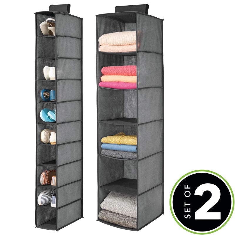 mDesign Fabric Over Rod Hanging Closet Storage Organizers, Set of 2 - Gray/Black