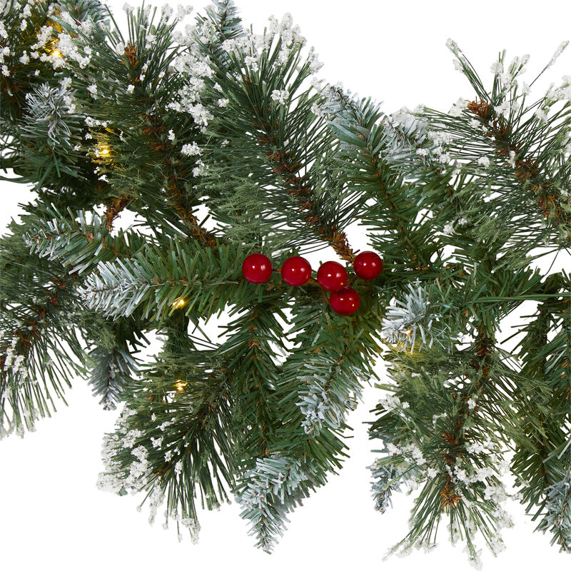 HomPlanti 9" Frosted Swiss Pine Artificial Garland with 50 Clear LED Lights and Berries